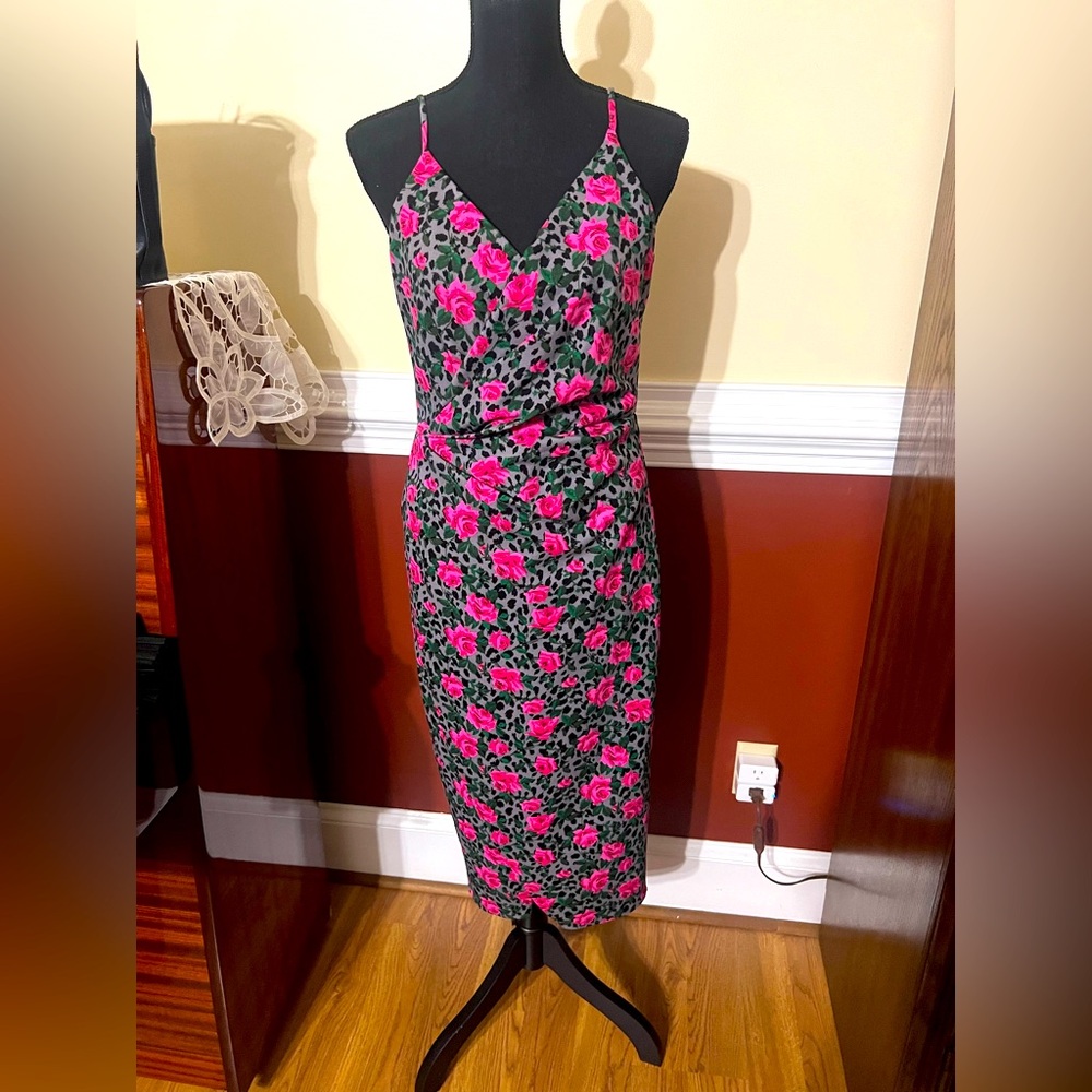 Betsey Johnson Gray Pink Rose Floral Leopard-Print Sheath Dress